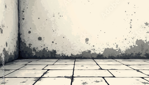 Black mildew illustration on floor tiles, indoor cleanliness concept
