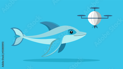 A curious dolphin surfaces next to an eVTOL midflight seemingly fascinated by its vertical takeoff and landing capabilities.. Vector illustration
