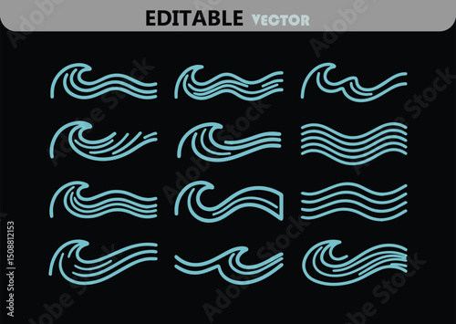 Collection of Twelve Different Stylized Ocean Wave Icons in Light Blue on a Black Background for Use in Graphic Design Projects