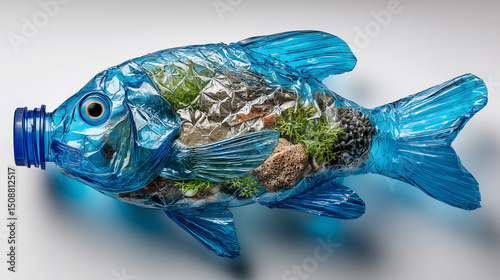Plastic trash in the form of a fish on a white background