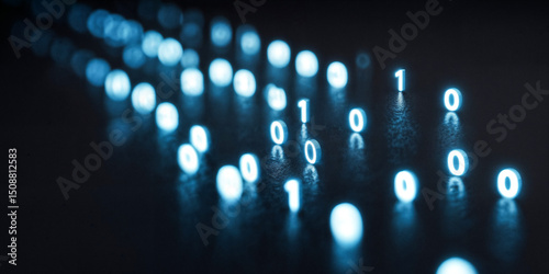 Binary code stream flowing on dark background representing digital data