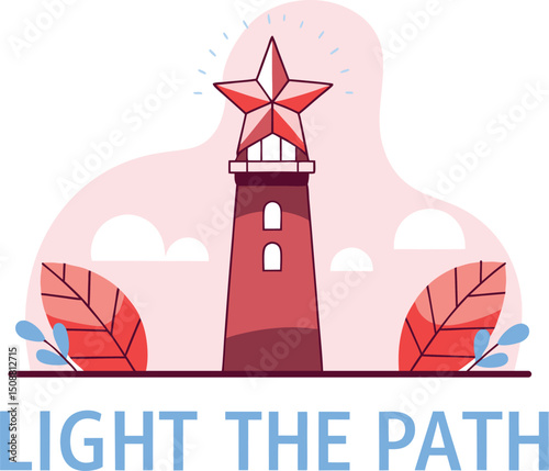 Lighthouse shining by the sea and stars in a festive winter holiday design