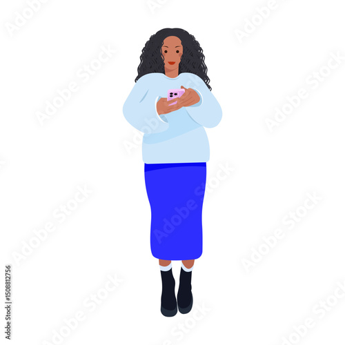 Black wooman walking and holging her smartphone. Isolated on white. Vector illustration.