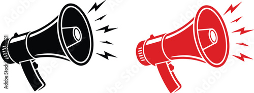 Black and Red Megaphone Icons with Sound Waves on White Background – Vector Illustration