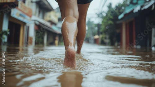 Rear view of woman standing in dirty floodwater after heavy rainfall in Loei province, Thailand. Concept of contaminated water, climate-related disaster, and rural flooding emergency in Southeast Asia