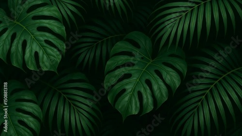 closeup of tropical monstera and palm leaves layered in lush dark green jungle foliage creating natural textured background concept of wellness, eco design, botanical branding