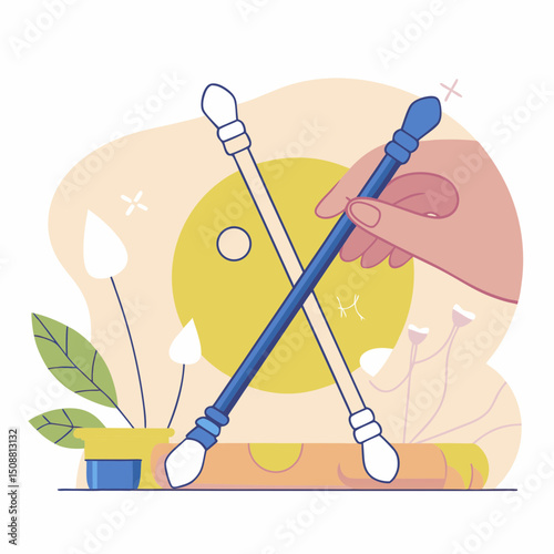 Cotton swab illustration hand holding cotton bud hygiene product cleaning tool soft tip stick bathroom accessory gentle care minimal style pastel color