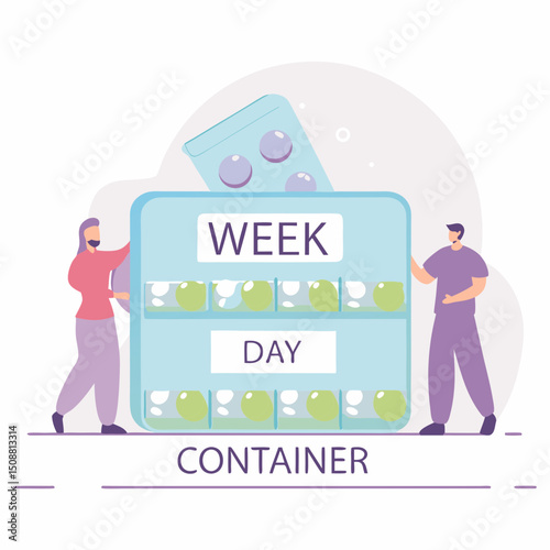 Weekly pill organizer box with compartments for each day, two people standing beside, medication management concept, flat vector illustration, healthcare and routine
