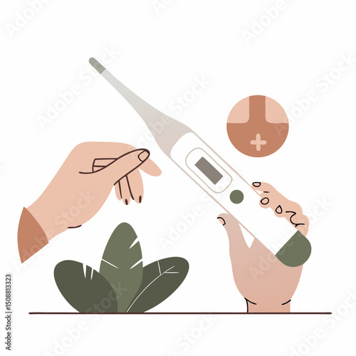 Digital thermometer hand healthcare temperature medical clinical fever check electronic illustration. This digital thermometer illustration shows hands checking temperature symbolizing healthcare