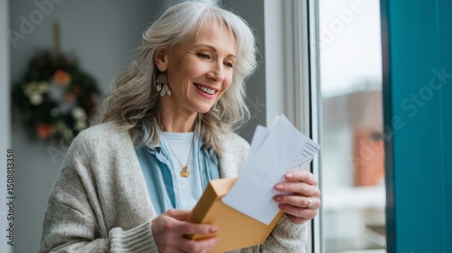 Smiling senior woman receiving mail. Caucasian female opening envelope. Happy elderly lady holding paper document at home by window.