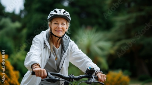 Senior woman smiles while riding a bicycle outdoors. Active healthy lifestyle for older adult. Concept for retirement and active living.