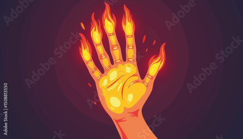 Burned hand with blisters glowing in flames, representation of pain