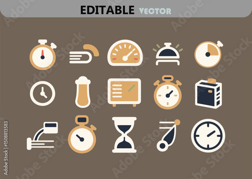Collection of Various Service and Time Related Icons in a Flat Design Style Isolated on a Brown Background Editable Vector