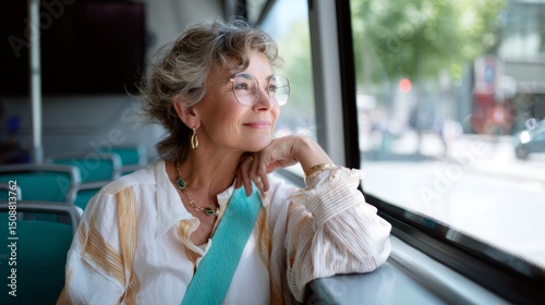 Older woman riding public transport looking out the window. Female passenger enjoying the view, happy journey.