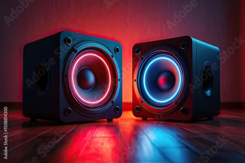 Two modern speakers with red and blue neon lights
