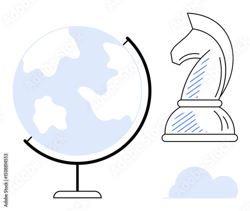 Globe with continents and a chess knight piece symbolize worldwide strategy, planning, and competition. Ideal for globalization, leadership, innovation, business growth, decision-making, education