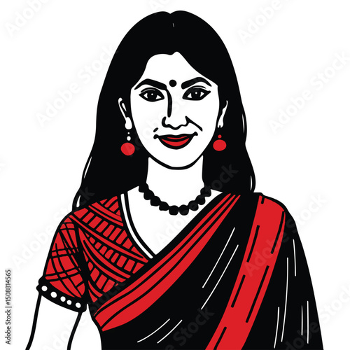 Front view illustration of a modest woman in black ethnic dress with a calm demeanor