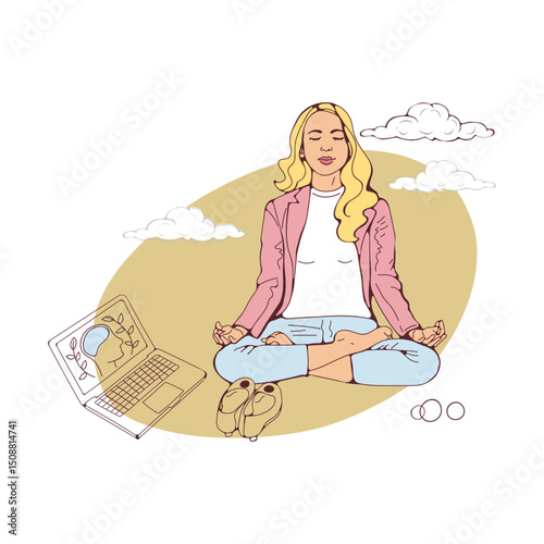 Office worker meditating. Mindfulness illustration