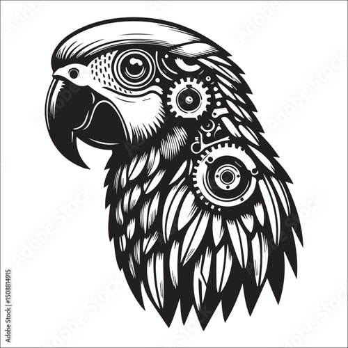 Steampunk Parrot Head Design, Perfect for Tattoos or Prints | A stylized black and white illustration of a parrot head, featuring intricate tribal-like patterns combined with steampunk mechanical elem