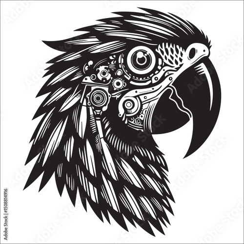Steampunk Parrot Head Design, Perfect for Tattoos or Prints | A stylized black and white illustration of a parrot head, featuring intricate tribal-like patterns combined with steampunk mechanical elem