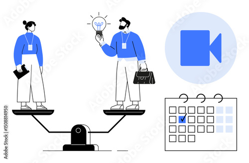 Businessman and woman on scales holding briefcase and ideas, positioned with video meeting icon and calendar. Ideal for teamwork, collaboration, productivity, balance, work-life, remote work