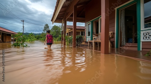 Rear view of woman standing in dirty floodwater after heavy rainfall in Loei province, Thailand. Concept of contaminated water, climate-related disaster, and rural flooding emergency in Southeast Asia
