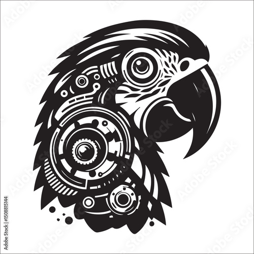 Steampunk Parrot Head Design, Perfect for Tattoos or Prints | A stylized black and white illustration of a parrot head, featuring intricate tribal-like patterns combined with steampunk mechanical elem