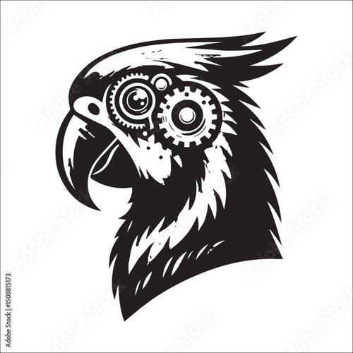 Steampunk Parrot Head Design, Perfect for Tattoos or Prints | A stylized black and white illustration of a parrot head, featuring intricate tribal-like patterns combined with steampunk mechanical elem