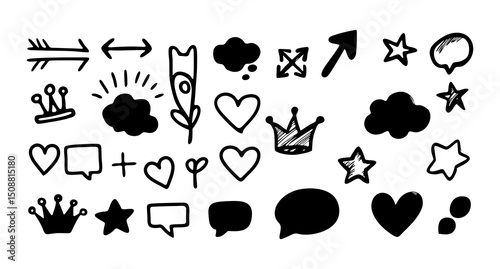 A collection of hand-drawn vector graphics of arrows, stars, clouds, crowns, hearts, and speech bubbles. These design elements can be useful for adding visual flair to a project.