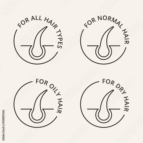 For all hair types logo. For dry, oily, normal hair icons set