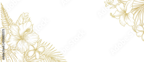 Tropical floral background with golden line art of hibiscus flowers and leaves. Luxury hand drawn frame, border. Vector illustration for design of card, banner, invitation, advertising and packaging