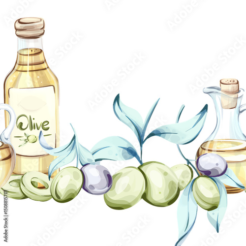 Olives and olive oil with seamless pattern and elegant arrangement in watercolor style highlighting beauty of Italian cuisine and nature framed with soft colors and fluid shapes