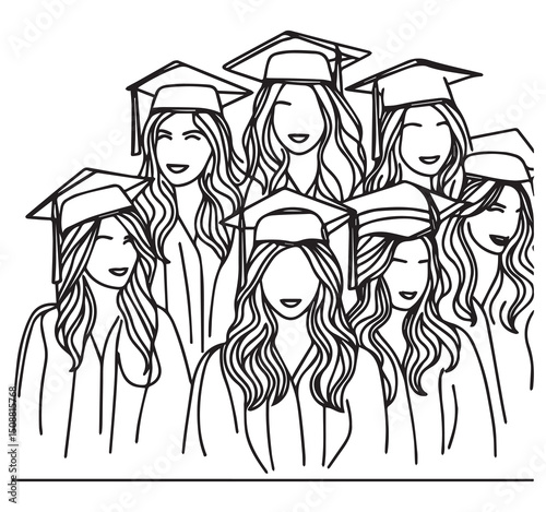 Line Art Illustration of Female Graduates in Caps and Gowns | Graduation Ceremony | Minimalist Drawing | Education Achievement