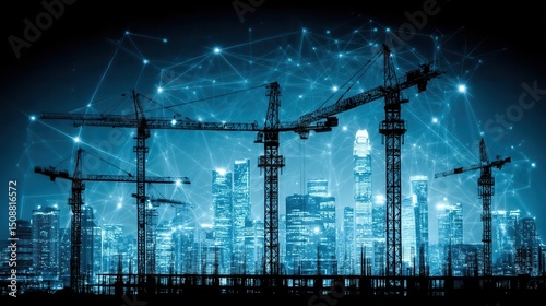 Construction cranes and cityscape night network