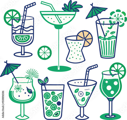 Summer drinks juice icon set 