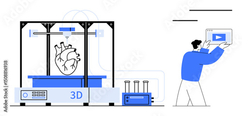 Advanced 3D printer fabricating an anatomical heart while a researcher examines data. Ideal for innovation, medical technology, research, biotech, future advances, healthcare, simple landing page