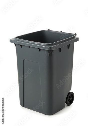 Gray plastic rectangular garbage bin with wheels