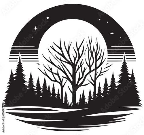 Black and White Forest Night Scene Vector Illustration | Trees, Moon, Stars, and Retro Style Landscape Design