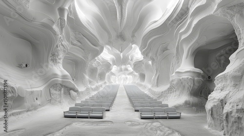 White Concert Hall with Blue Seating - An acoustically perfect hall with white undulating walls and light blue velvet auditorium seating.