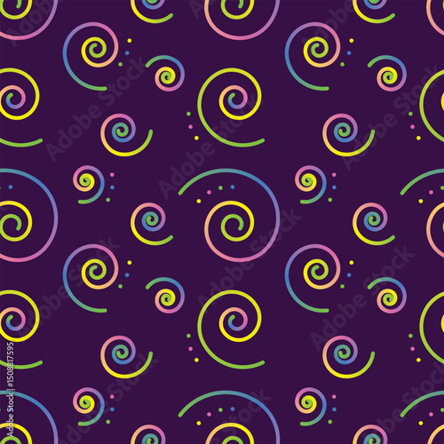 Print Colorful seamless vector neon swirl pattern on dark purple background with glowing spiral curls and abstract loops for digital party-themed design