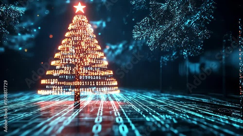 Digital binary Christmas tree with star, futuristic technology holiday concept