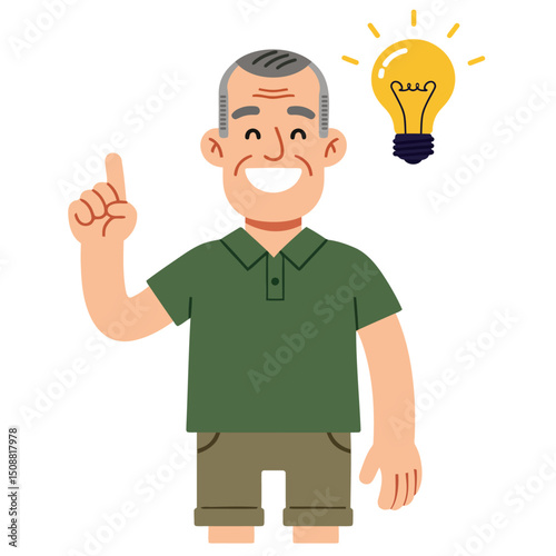 Flat vector cartoon of an elderly man with gray hair pointing upward with one finger, accompanied by a lightbulb above his head, representing wisdom, insight, and thoughtful ideas. Ideal for education