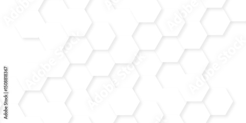 Minimal white hexagonal hexagon modern technology creative emboss light honeycomb polygonal web. abstract geometric science and mosaic tile with template texture background.	
