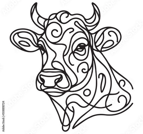 Line Art Cow Head Vector Illustration: Abstract Swirl Design of a Farm Animal, Black and White Graphic for Print or Logo