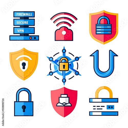 Modern Cybersecurity Icon Set Featuring Firewall, VPN, Locks, Shields, and Secure Network Elements on a Transparent Background