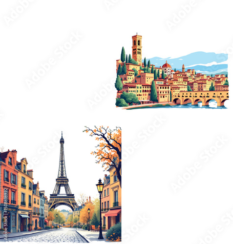 Vsai exploring europe, charming street view of paris with eiffel tower and florence with ponte vecchio