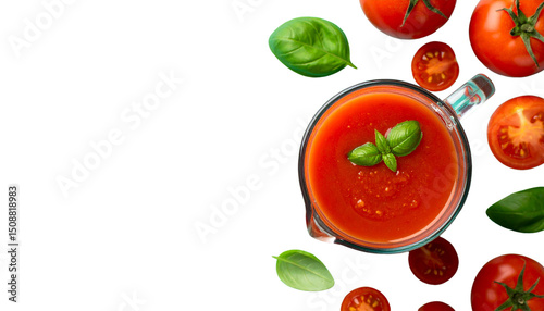 Fresh tomato soup served with basil leaves, showcasing vibrant colors and healthy ingredients.