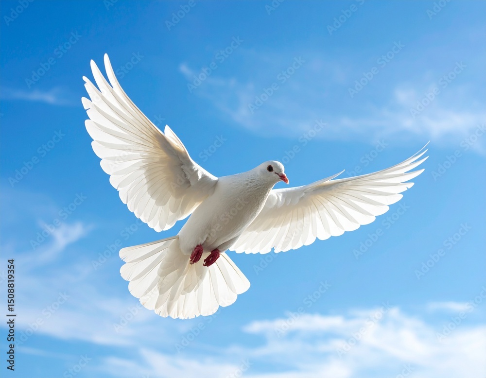Obraz premium High resolution image of a white dove flying with wings wide open against soft blue sky, motion captured clearly, no background distractions