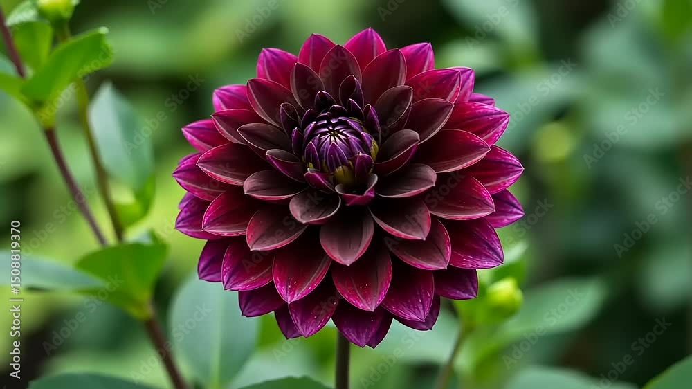 Stunning deep purple dahlia flower in full bloom surrounded by lush green foliage
