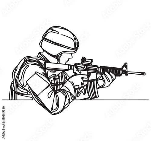 Soldier Aiming Rifle Line Art: Military Person in Combat Gear with Gun, Vector Illustration, Black and White Outline Drawing